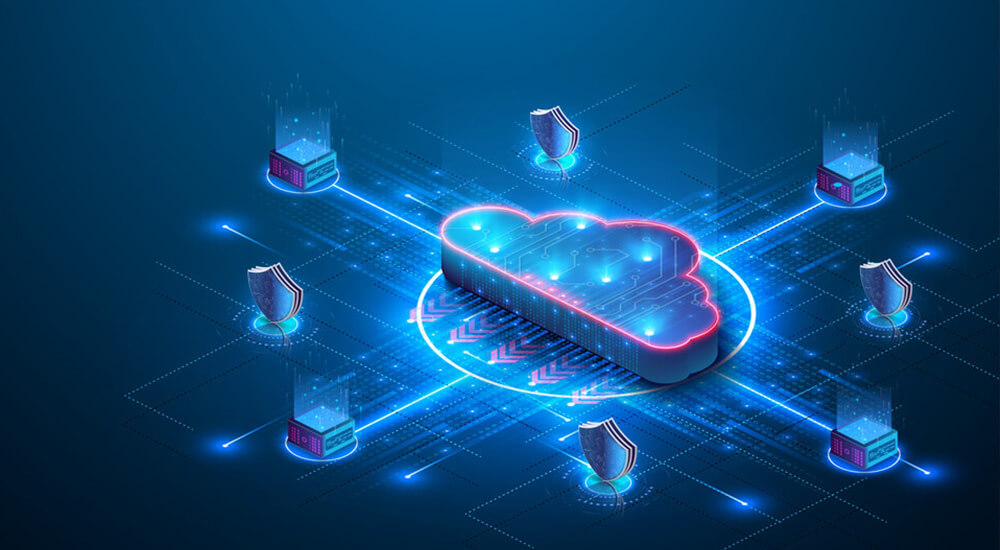 An abstract representation of a cloud-based platform: A neon blue cloud symbol with circuit-like patterns at the center, surrounded by five shields with checkmarks. The background features a dark blue digital grid pattern.