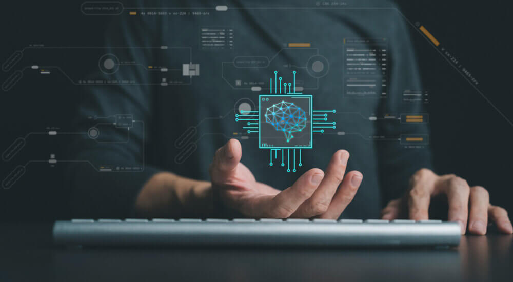 A person’s hands are visible above a keyboard with a graphical overlay of a digital circuit board and a central processing unit icon, symbolizing advanced technology integration. The image conveys the concept of seamless integration and flexible deployment in information technology systems, highlighting the adaptability of Rust IFRS 9 software to various IT infrastructures.