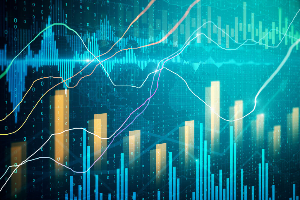 Dynamic financial data analysis with overlapping digital graphs, bar charts, and line trends in shades of blue and orange against a dark background. Symbolizes Prima Consulting’s IFRS Advisory & Accounting Services ensuring compliance with international financial reporting standards.