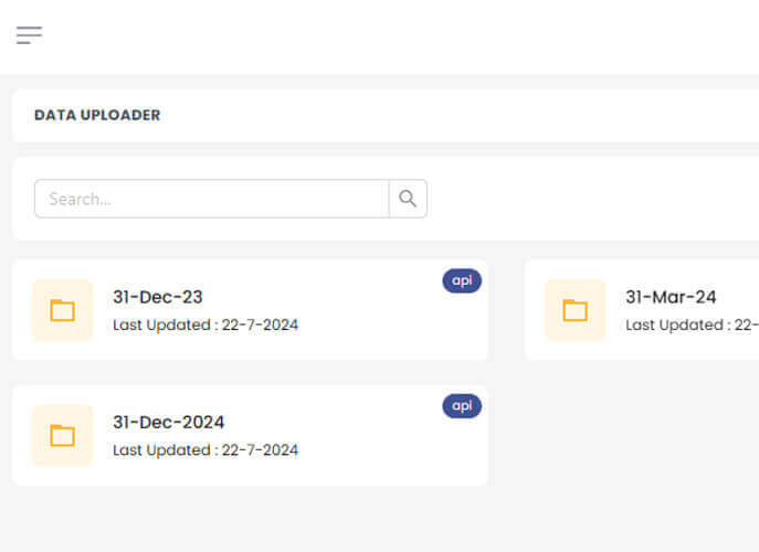 A screenshot of the Rust IFRS 9 Software interface featuring a ‘Data Uploader’ section. The interface includes a search bar and three data entry points with dates: “31-Dec-23,” “31-Mar-24,” and “31-Dec-24,” each marked with an ‘api’ tag and a timestamp stating “Last Updated: 22-7-2024.” The design is clean, with a focus on functionality and ease of tracking financial data updates.