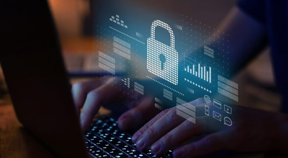 A digital illustration overlays a photograph, depicting a person typing on a laptop keyboard with the screen glowing. In the foreground, there’s a prominent graphic of a padlock symbolizing security, surrounded by various data visualization graphics such as bar graphs and icons representing document security, cloud storage, and encrypted communication. This image conveys the concept of advanced cybersecurity measures in place to protect sensitive employee data managed by software