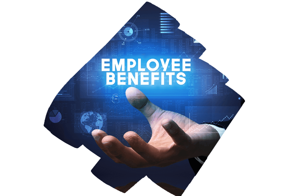 A person’s hand extended towards the viewer with the words “EMPLOYEE BENEFITS” in bold, white font floating above. The background is a dark blue with various translucent financial and analytical icons such as graphs, pie charts, and a globe, symbolizing comprehensive planning and analysis in the context of employee retirement benefits.