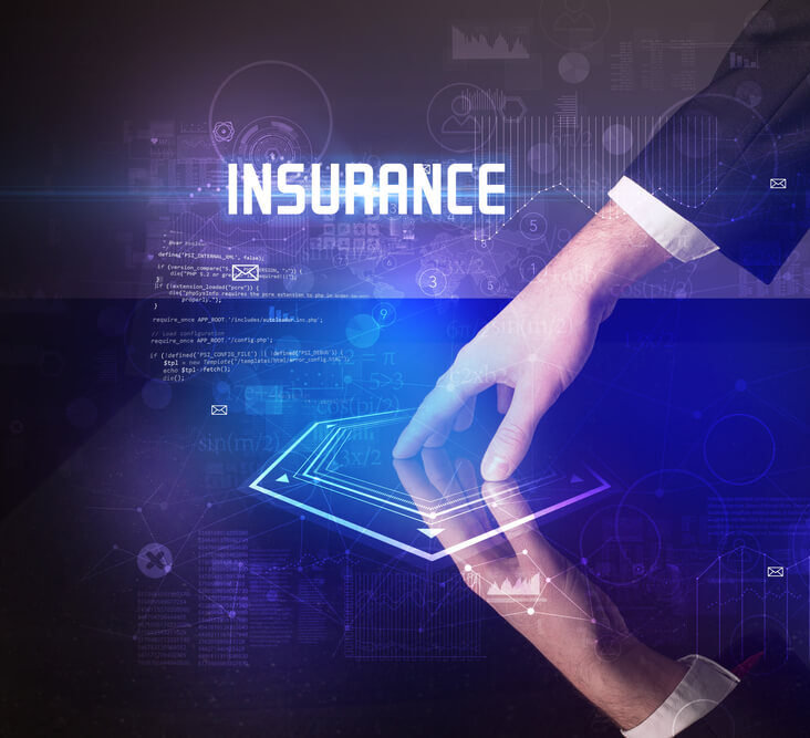 The image shows a hand in a business suit reaching towards a glowing, futuristic interface with the word "INSURANCE" prominently displayed. The background features various digital elements, including code snippets, graphs, and icons, suggesting a high-tech approach to insurance and data analytics.