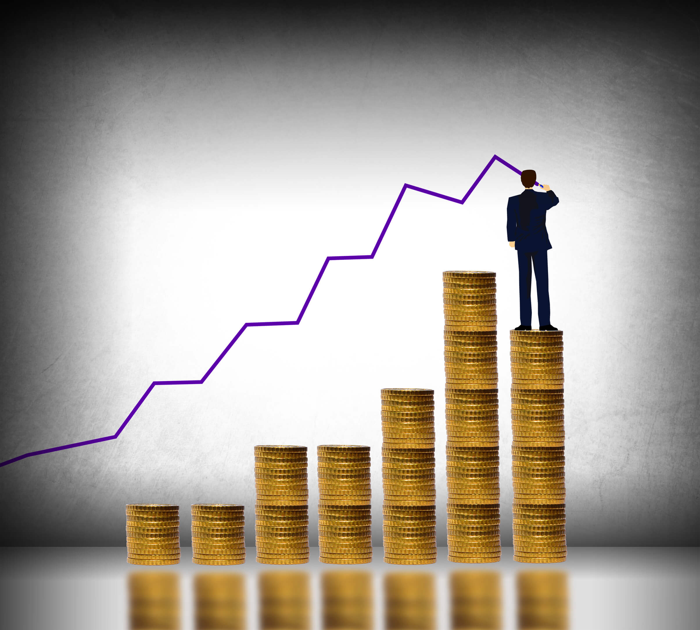 Actuarial Modeling: A person stands on a stack of coins, observing a rising graph, symbolizing financial growth.