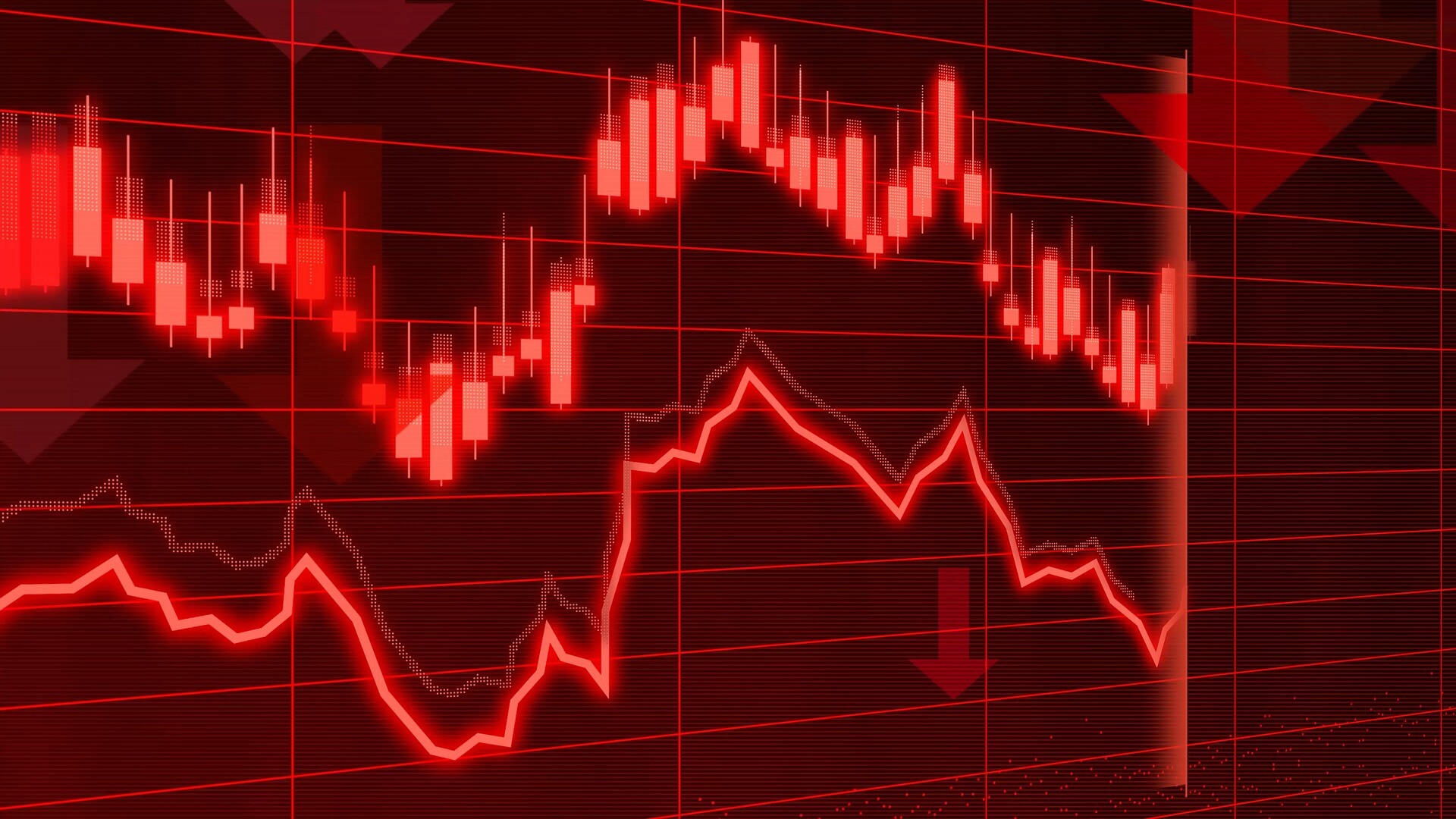 A red financial chart with candlestick and line graphs showing market fluctuations, representing risk assessment in Pricing and Ratemaking Services.