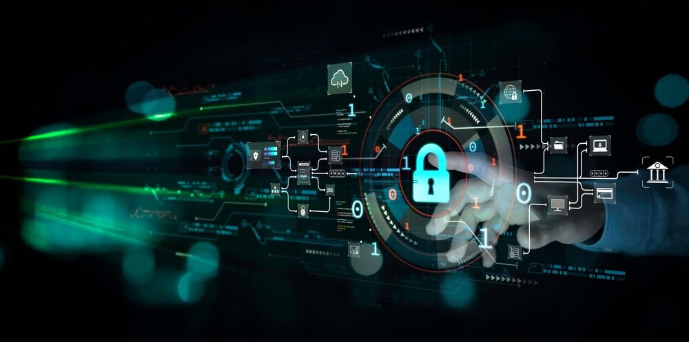 Cyber Security Assessment concept with a digital lock icon, network connections, and a hand interacting with a virtual interface.