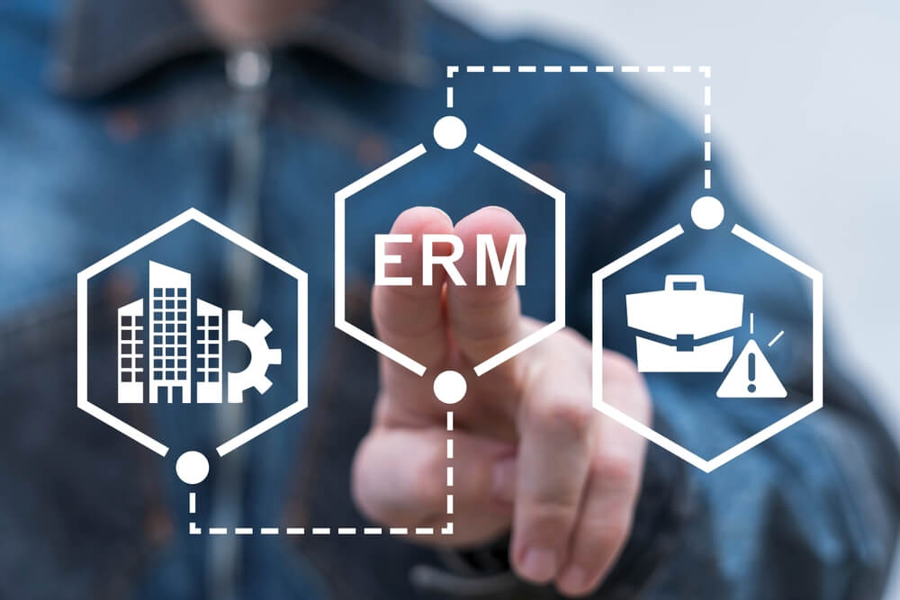 A person points to a hexagon labeled "ERM" with icons representing business and risk management, highlighting Enterprise Risk Management Services.