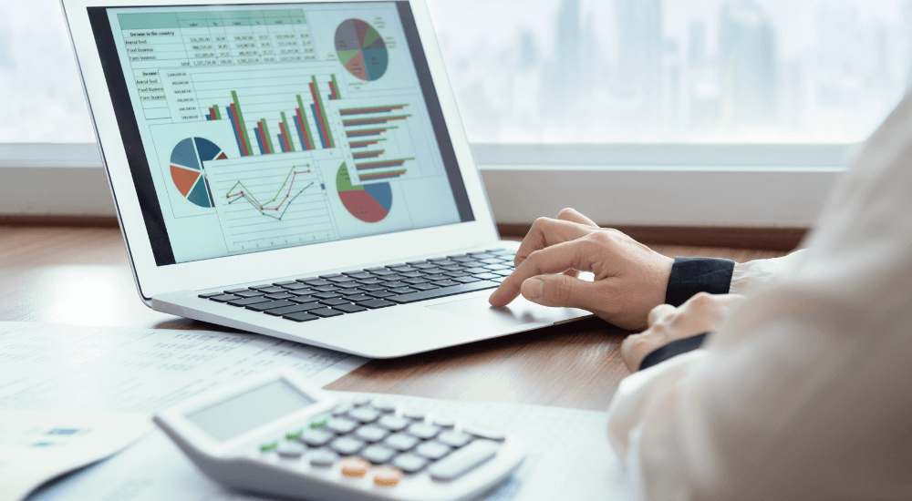 A person analyzing financial charts on a laptop, utilizing ARK9 EIR Financial Reporting Software for DAC support.