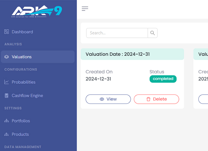 The ARK9 EIR Financial Reporting Software interface, showing valuation details and status, aiding in IFRS 9 compliance.