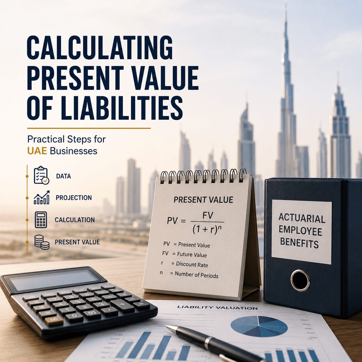 Financial illustration explaining actuarial employee benefits UAE with present value calculations, liability valuation, and IAS 19 actuarial methodology.