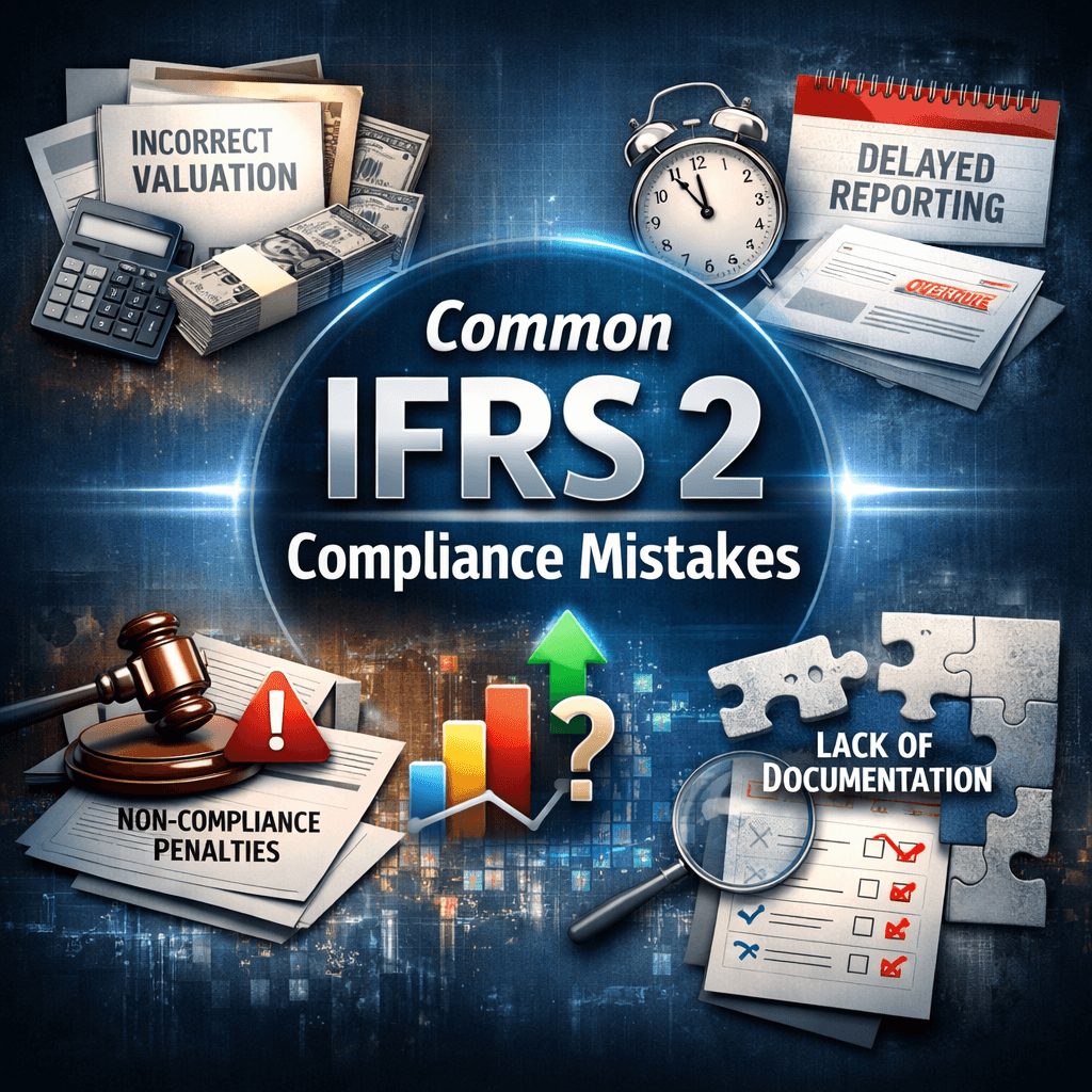 Professional infographic illustrating common IFRS 2 Compliance mistakes, including incorrect valuation, delayed reporting, non-compliance penalties, and lack of documentation in share-based payment reporting.