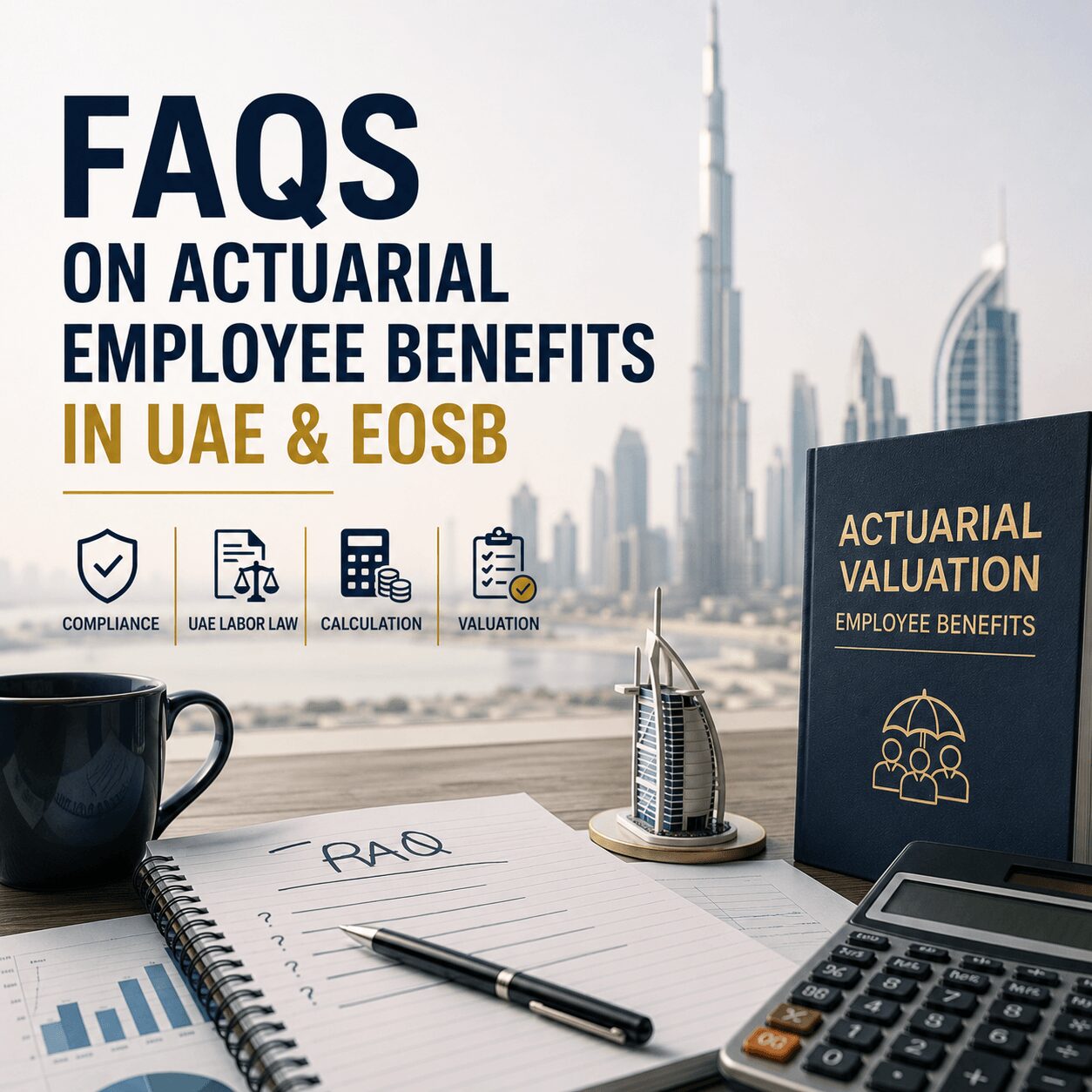 FAQ illustration about actuarial employee benefits UAE covering EOSB calculations, IAS 19 valuation, UAE labor law, and compliance requirements.