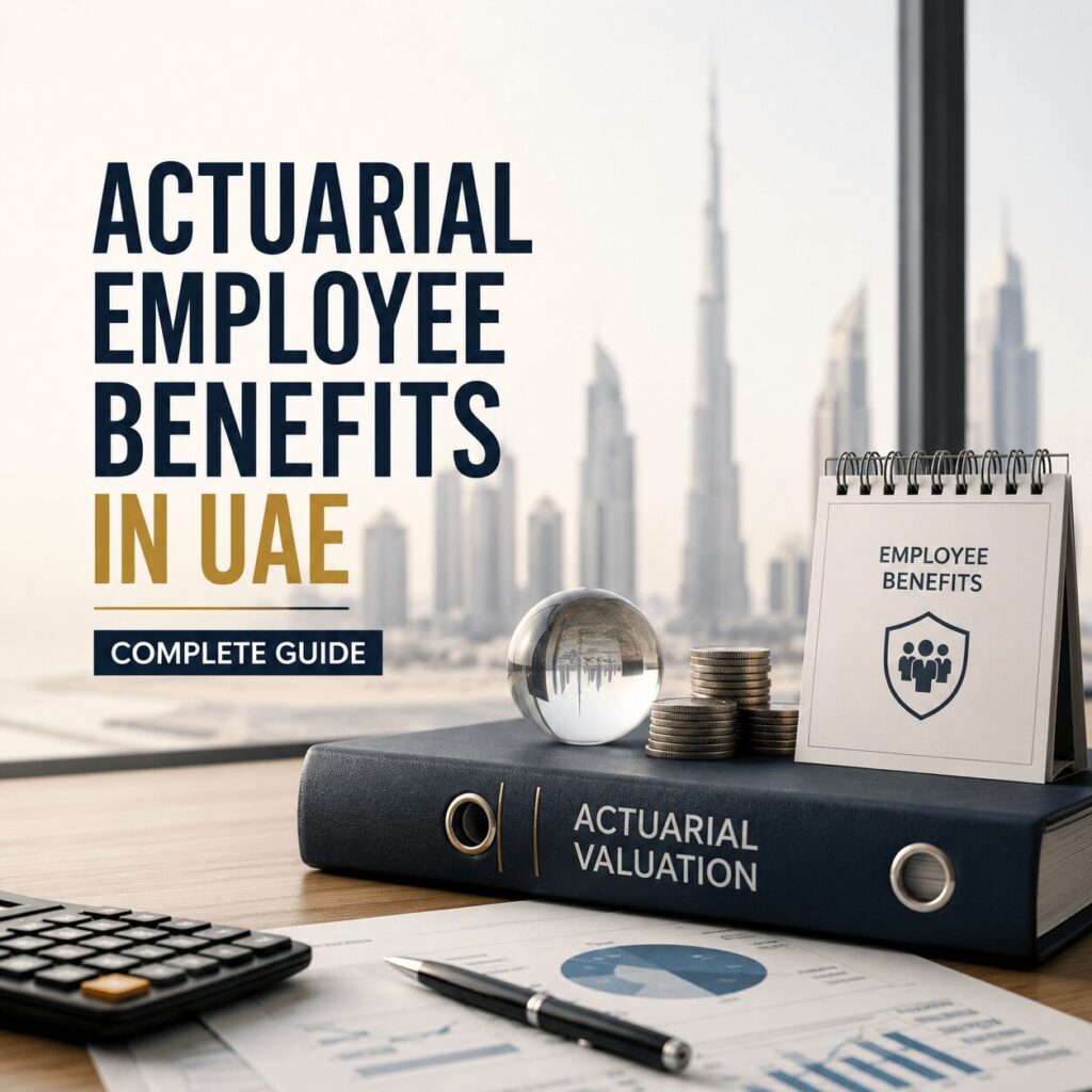 Complete guide to actuarial employee benefits UAE featuring valuation documents, financial reports, and UAE business compliance concepts.