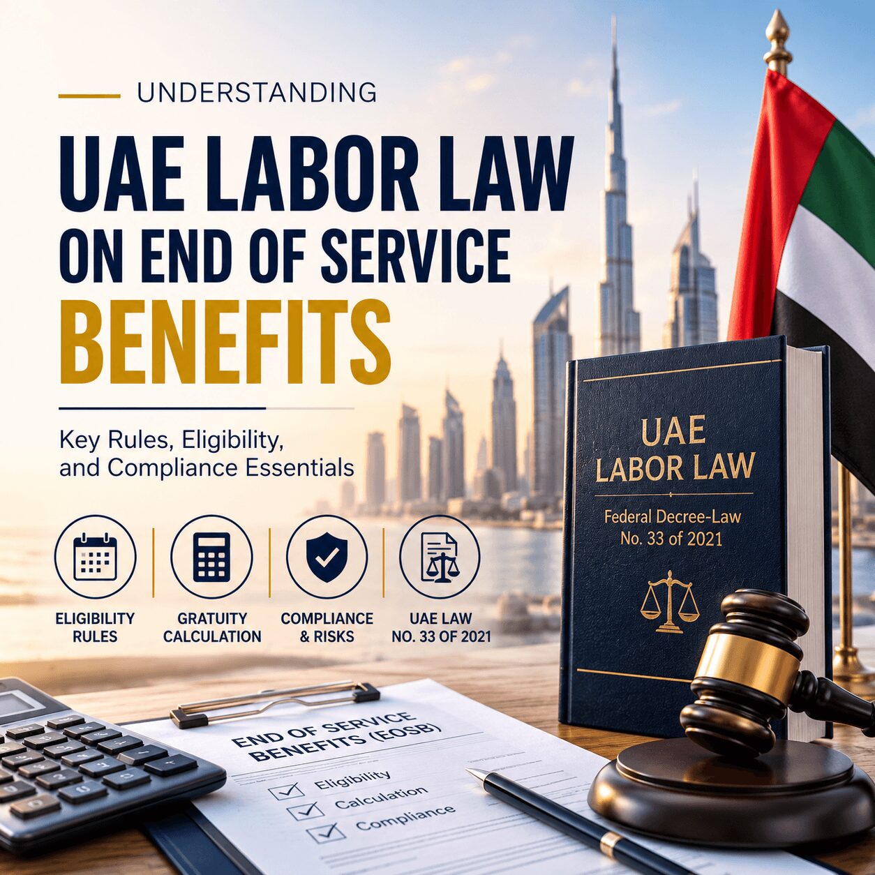 UAE labor law and actuarial employee benefits UAE illustration showing end-of-service benefits, compliance, gratuity calculations, and legal documentation.