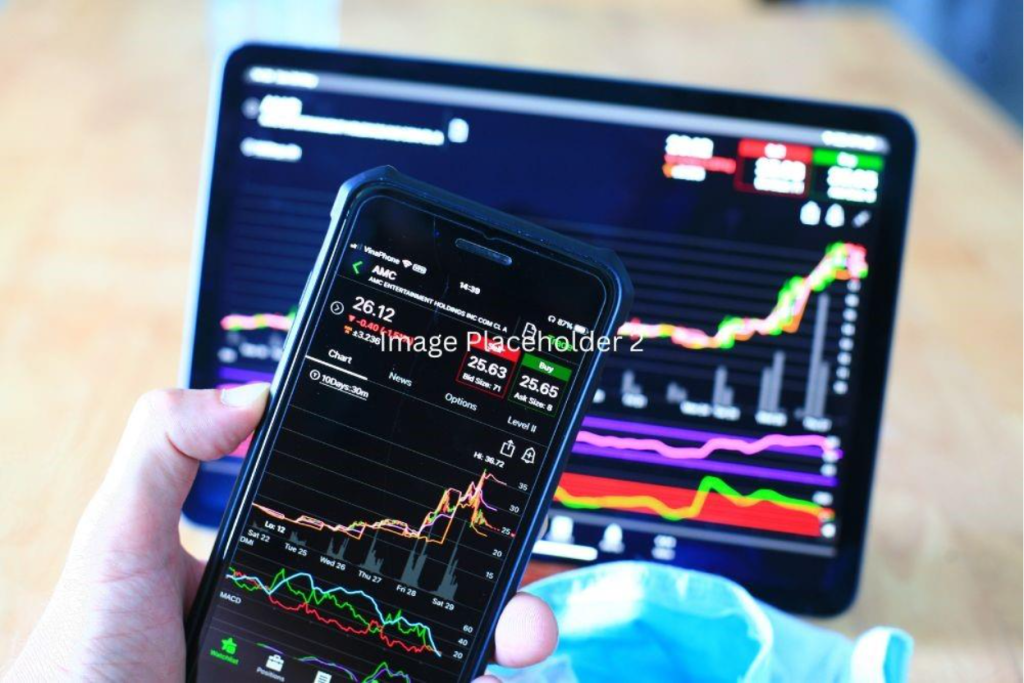 Close-up of a hand holding a smartphone displaying stock market charts and a tablet showing financial graphs, with a face mask nearby, emphasizing IFRS 2 compliance. 