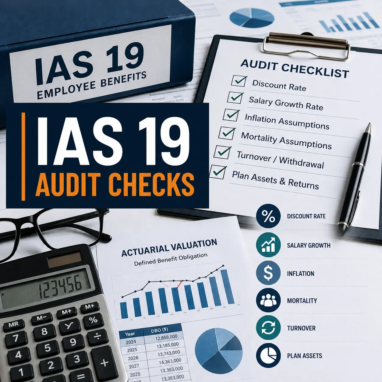 IAS 19 assumptions audit checklist showing the key financial and demographic assumptions auditors review, including discount rate, salary increase, inflation, mortality, retirement age, and staff turnover.