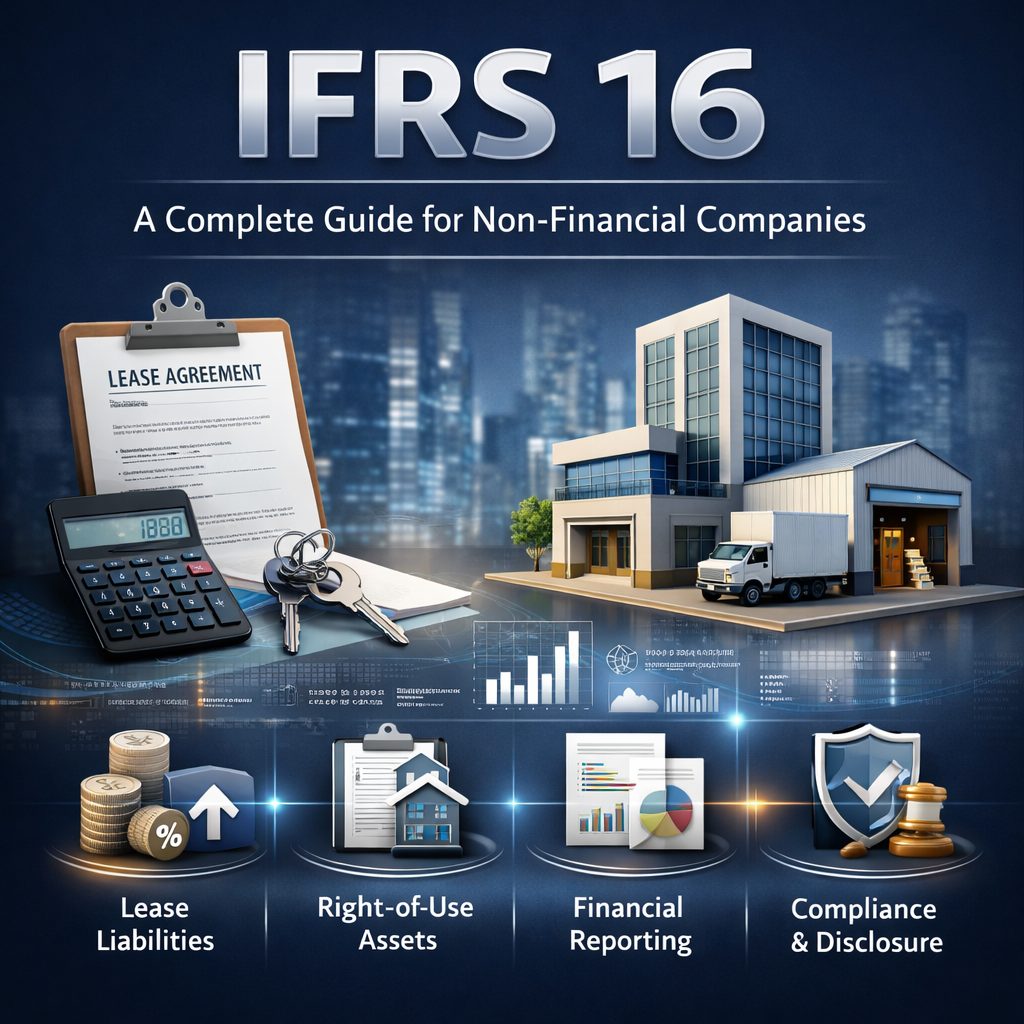 IFRS 16 infographic showing lease accounting requirements for non-financial companies, including right-of-use assets, lease liabilities, financial reporting, and compliance overview