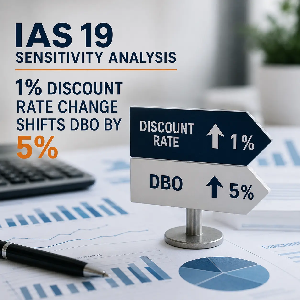 Professional infographic showing IAS 19 assumptions sensitivity analysis where a 1 percent discount rate change shifts the defined benefit obligation by approximately 5 percent.