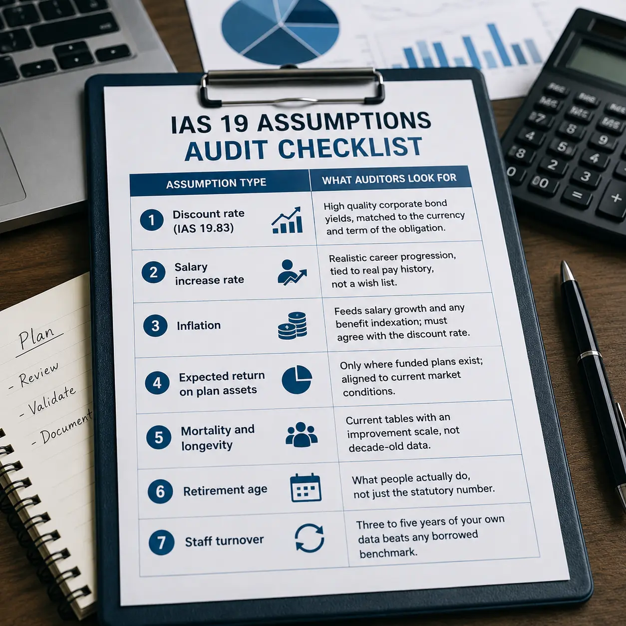 Split-layout infographic illustrating financial and demographic IAS 19 assumptions with charts, financial metrics, mortality, retirement age, and employee benefit obligation documents.