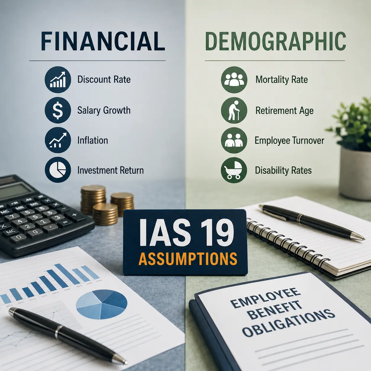 Infographic comparing financial and demographic IAS 19 assumptions, including discount rate, salary growth, mortality, retirement age, and employee turnover for employee benefit valuation.