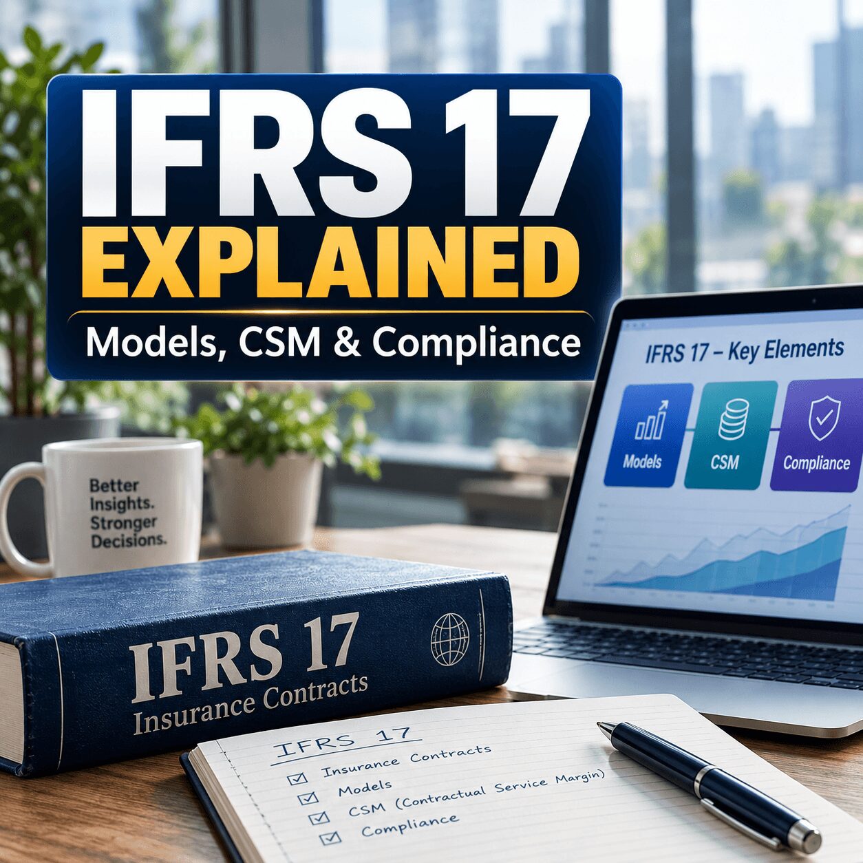 IFRS 17 explained through a realistic office scene showing insurance contracts, CSM, models, and compliance on a laptop and notebook.