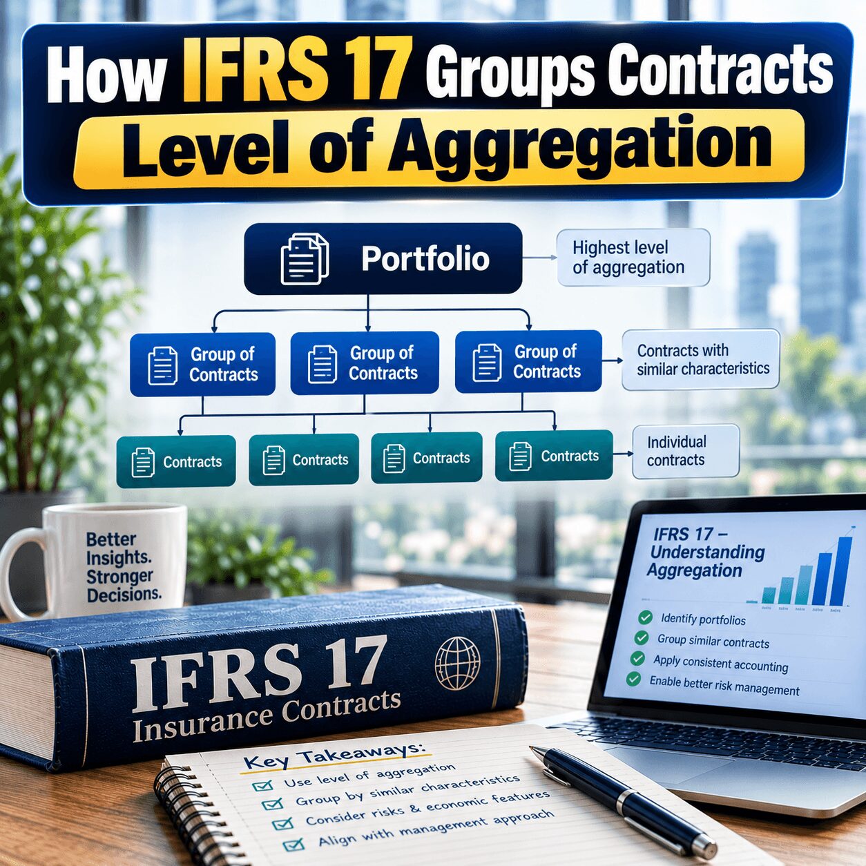 IFRS 17 level of aggregation diagram showing portfolios, groups of contracts, and individual insurance contracts.