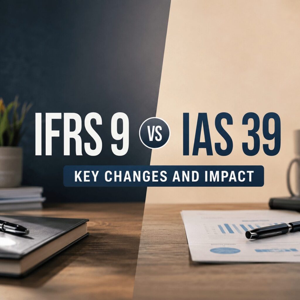 Professional split-layout infographic comparing IFRS 9 vs IAS 39 with office desk elements, bold typography, and key changes and impact highlighted in a realistic corporate style.