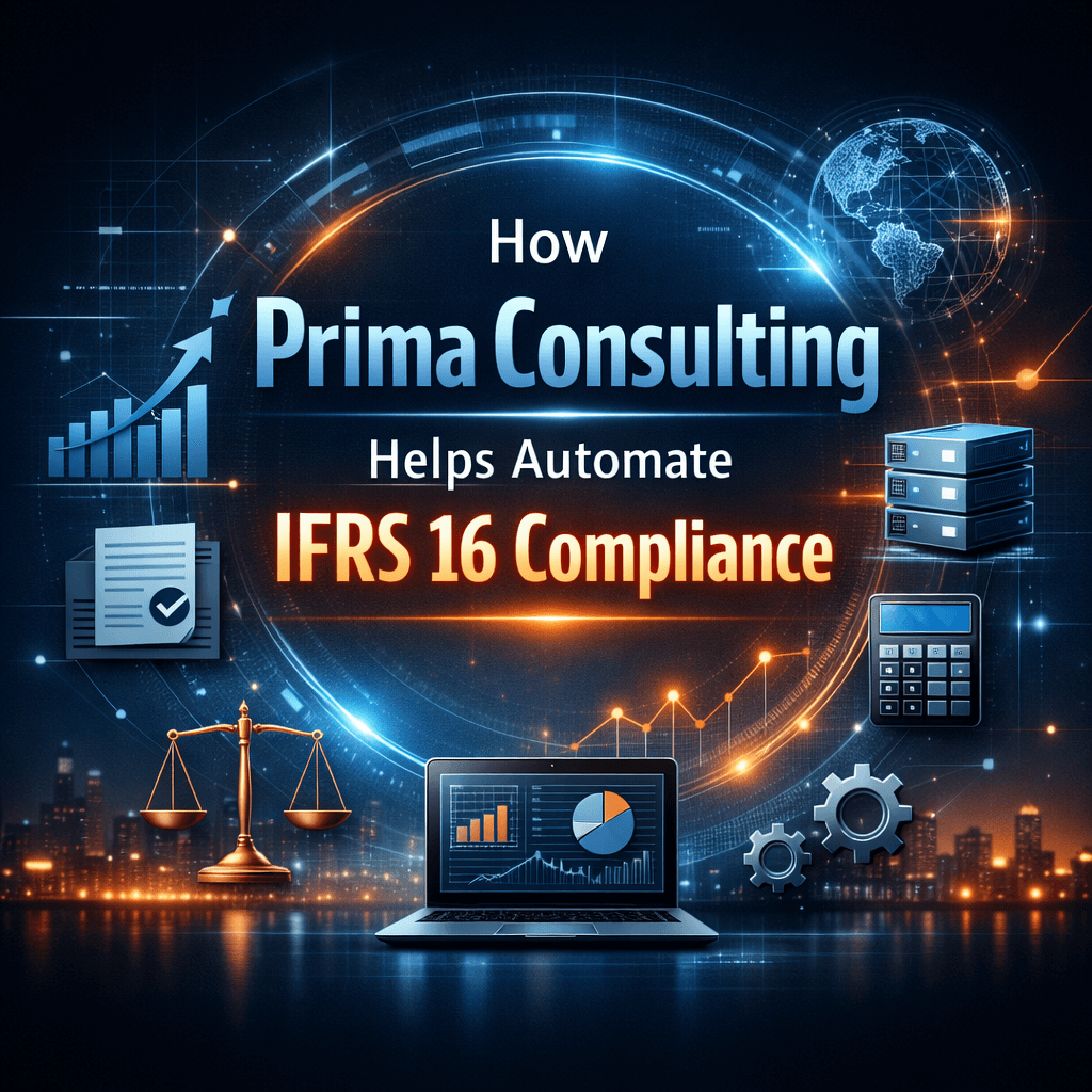 Professional IFRS 16 automation infographic featuring the centered title about Prima Consulting, surrounded by financial charts, compliance icons, and digital dashboards representing technology-driven IFRS 16 reporting.