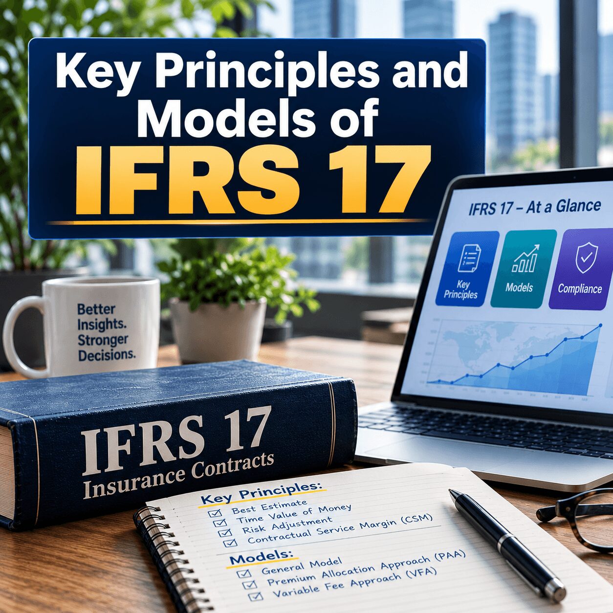 Key principles and models of IFRS 17 displayed on a professional office desk with an IFRS 17 book, laptop infographic, and notes covering GMM, PAA, and VFA.