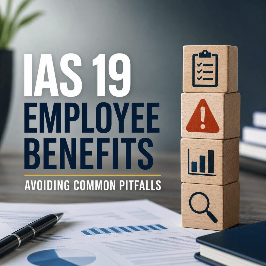 IAS 19 employee benefits concept image showing financial reports, a pen, and stacked wooden blocks with compliance, warning, analytics, and audit icons, representing common employee benefit reporting pitfalls under IAS 19.