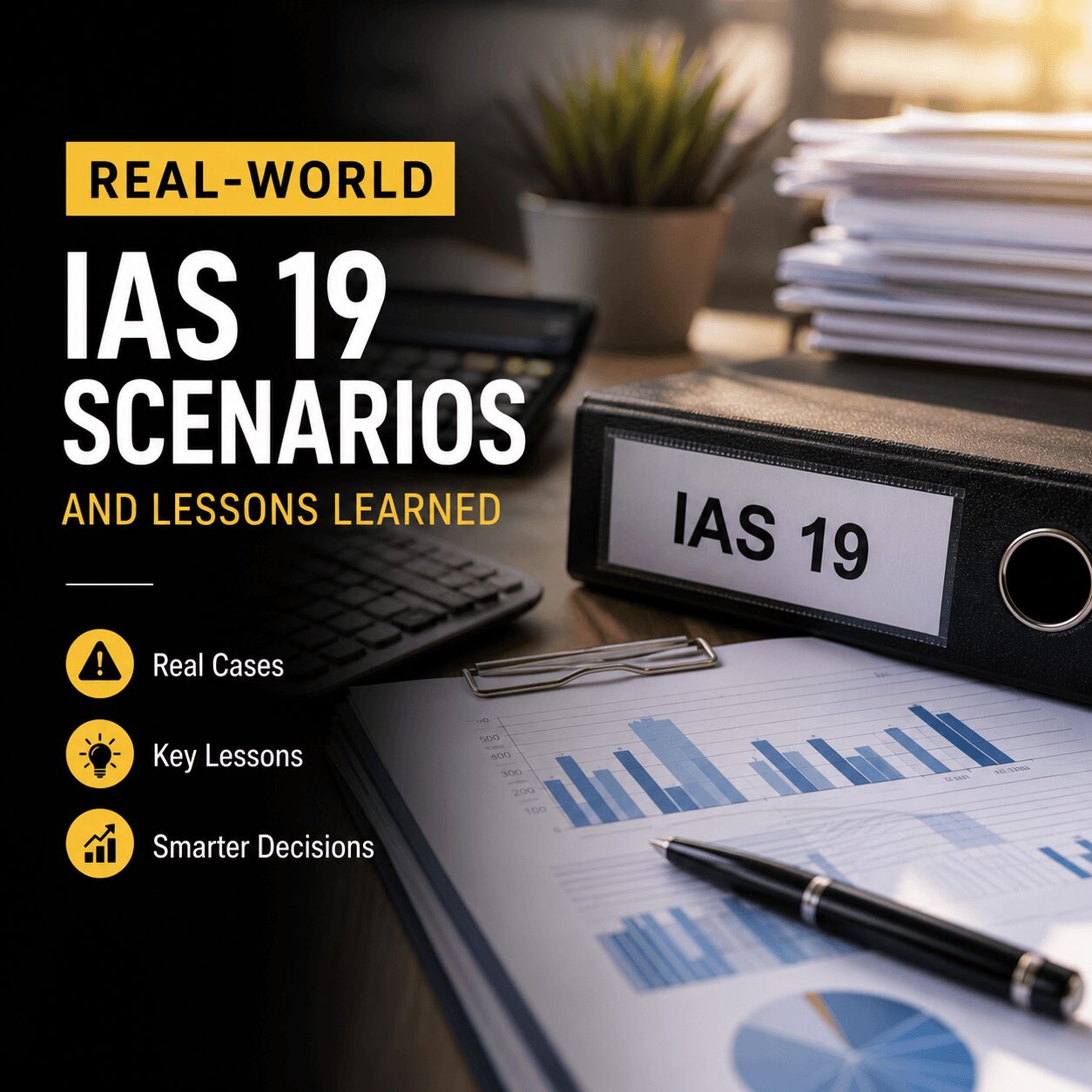 A realistic business workspace representing IAS 19 employee benefits compliance, featuring an IAS 19 binder, financial reports, charts, calculator, and office documents. The infographic focuses on real-world IAS 19 scenarios, audit findings, governance improvements, and lessons learned for accurate employee benefit reporting.