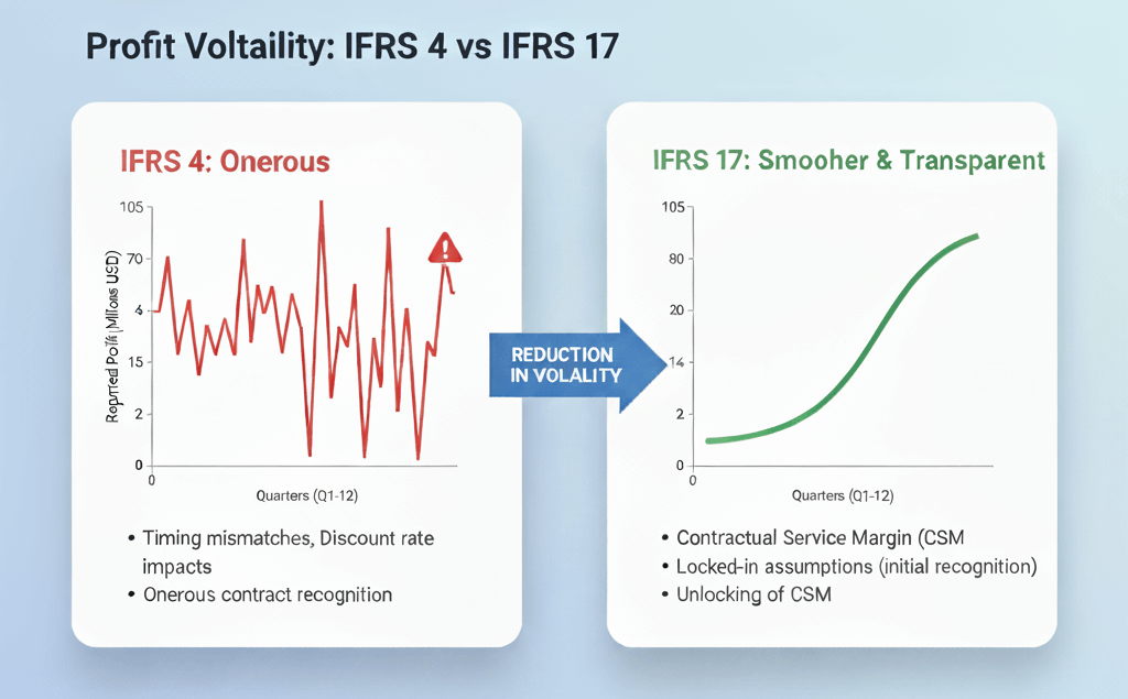 Comparison chart demonstrating a reduction in profit volatility under IFRS 17 compared to IFRS 4, highlighting the effect of IFRS 17 actuarial assumptions on financial reporting.