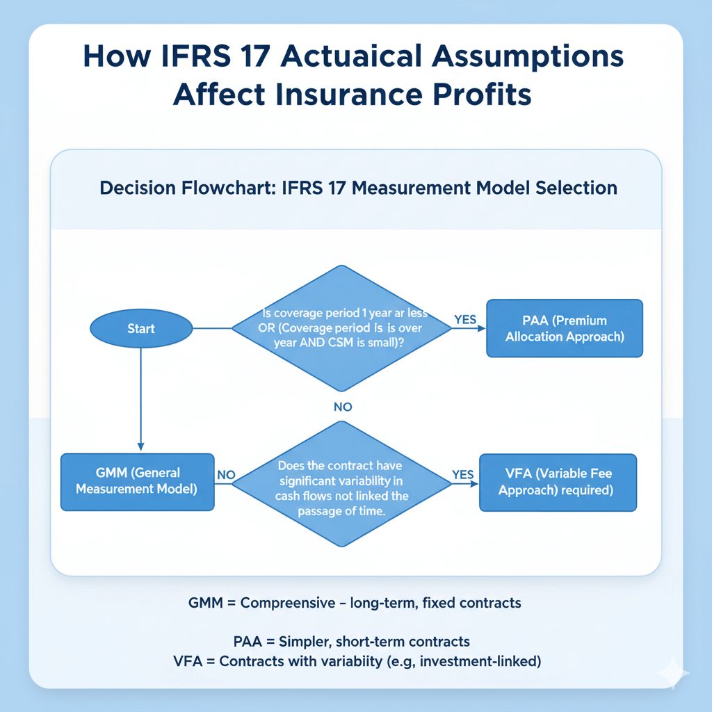 A decision flowchart for selecting the appropriate IFRS 17 measurement model (GMM, PAA, or VFA) based on contract type, a key aspect influenced by IFRS 17 actuarial assumptions.