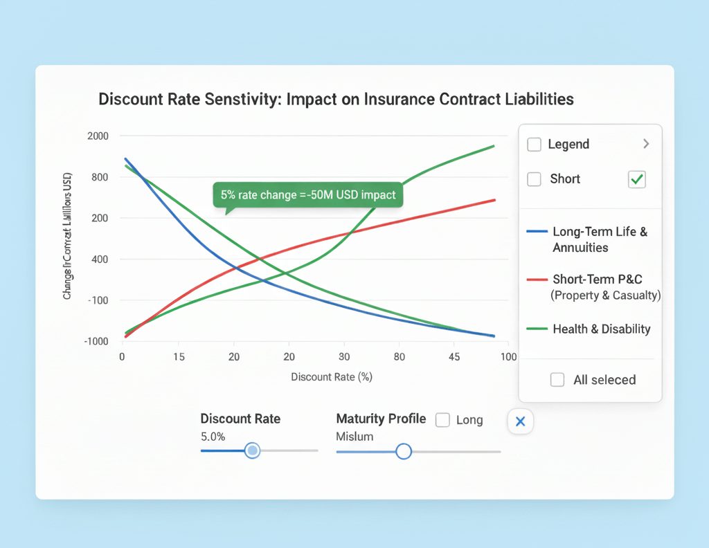 Interactive graph illustrating how IFRS 17 actuarial assumptions regarding discount rates impact insurance contract liabilities for different types of long-term and short-term policies.