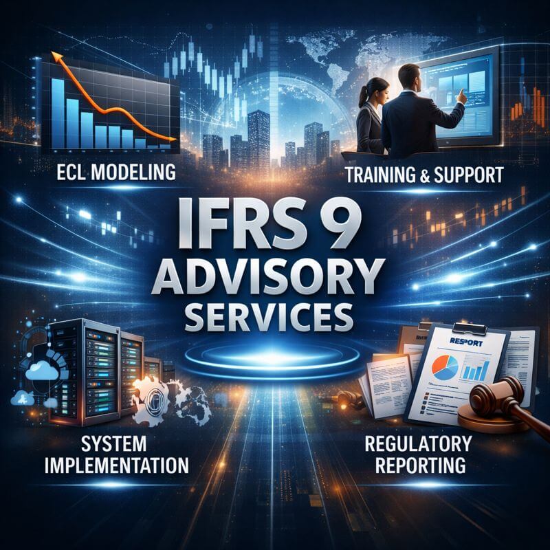 Professional infographic illustrating how IFRS 9 advisory firms deliver integrated services including ECL modeling, staff training, system implementation, and regulatory reporting.