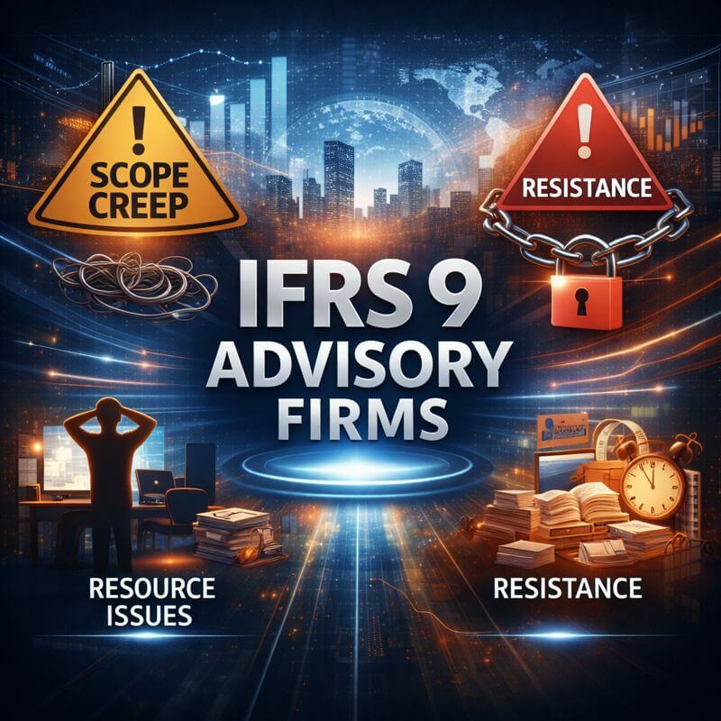 Visual representation of IFRS 9 advisory firms helping financial institutions overcome scope creep, resource constraints, and organizational change resistance.