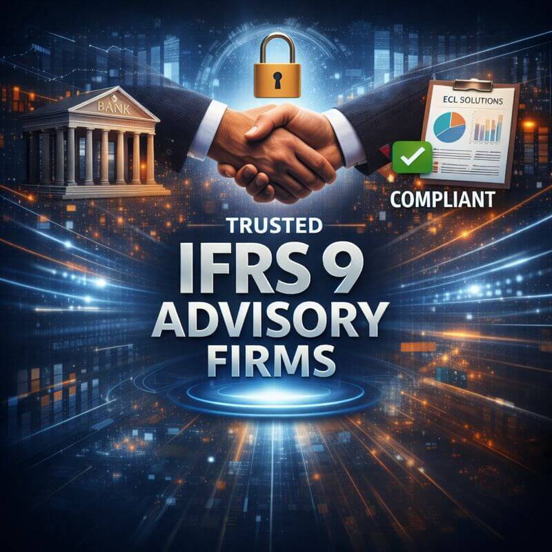 Professional infographic showing IFRS 9 advisory firms forming trusted partnerships with banks to deliver compliant and efficient ECL solutions.