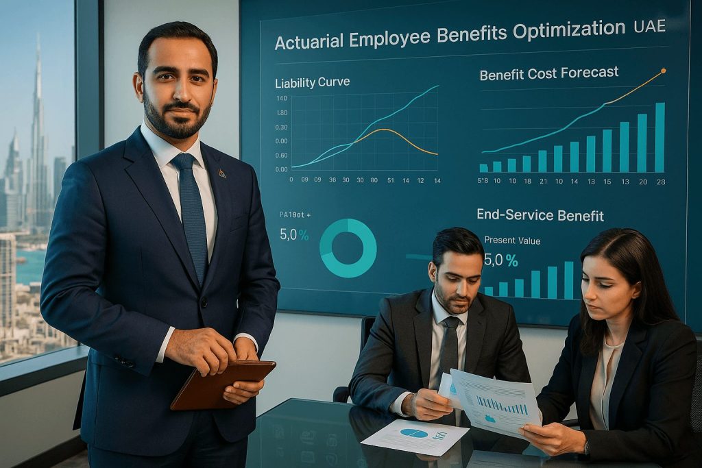 Professional team in a Dubai office analyzing actuarial charts on employee benefit costs and liabilities, representing Actuarial Employee Benefits Optimization in UAE.