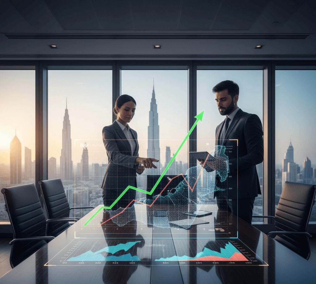 Two diverse business professionals reviewing a holographic financial projection displaying a sharp upward growth arrow and a risk analysis matrix, set against a modern Dubai skyline at sunset. This visual emphasizes data-driven decision-making in Actuarial Risk Management Services in Middle East.