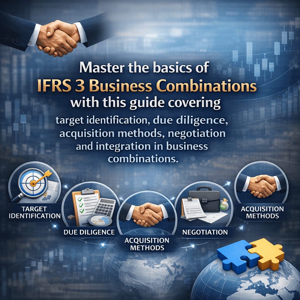 Basics of IFRS 3 Business Combinations process diagram showing acquisition, due diligence, negotiation, and integration steps