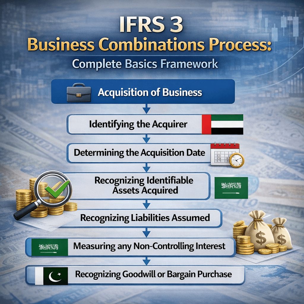 Basics of IFRS 3 Business Combinations framework showing asset recognition, liabilities, goodwill, and non-controlling interest