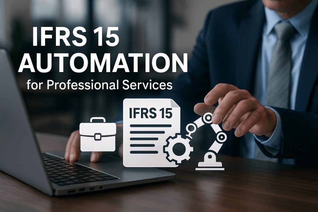 Business professional using a laptop with digital icons representing IFRS 15 automation, revenue recognition, and workflow optimization for professional services, branded with Prima Consulting logo.