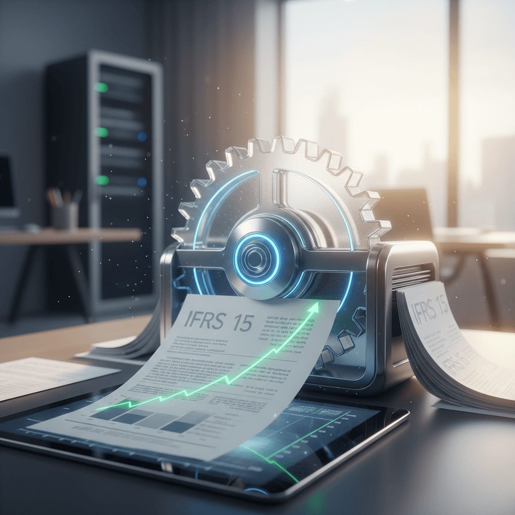 A metallic, automated revenue recognition machine with a large gear printing a financial document. The document features an upward-trending green line graph overlaid on the contract text, symbolizing efficiency and financial improvement achieved by using an IFRS 15 automation solution. The machine and document are set on a modern office desk with a tablet and a server rack in the background.