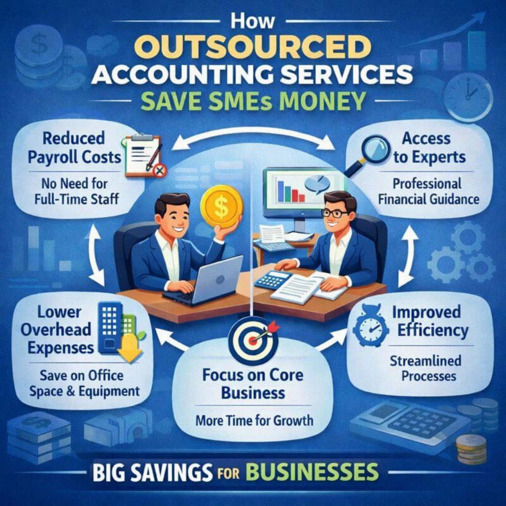 Infographic showing how outsourced accounting services save SMEs money through reduced payroll costs, access to experts, and improved efficiency in the UAE.