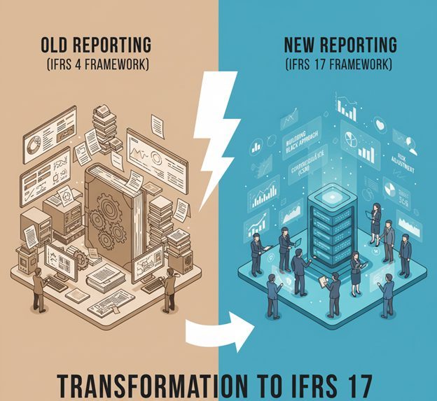 IFRS 17 Actuarial Best Practices: Visualizing the transition and transformation from the IFRS 4 Framework (Old Reporting) to the digital, centralized IFRS 17 Framework, highlighting the new concepts like CSM and Risk Adjustment.