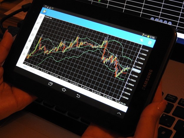 Financial data analysis on a tablet device, showing complex trading or actuarial charts. Illustrates the technology required for implementing IFRS 17 Actuarial Best Practices.