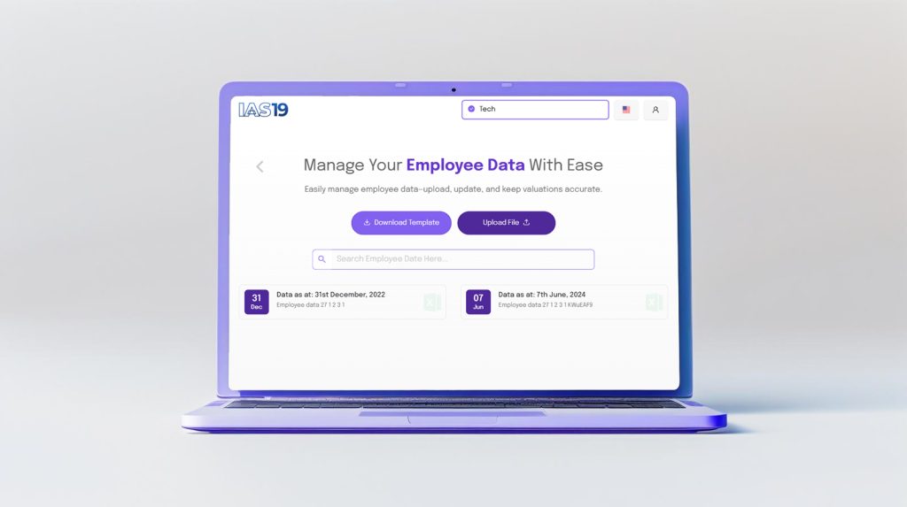 Employee Data management screen in the IAS 19 valuation tool, with options to Download Template and Upload File.