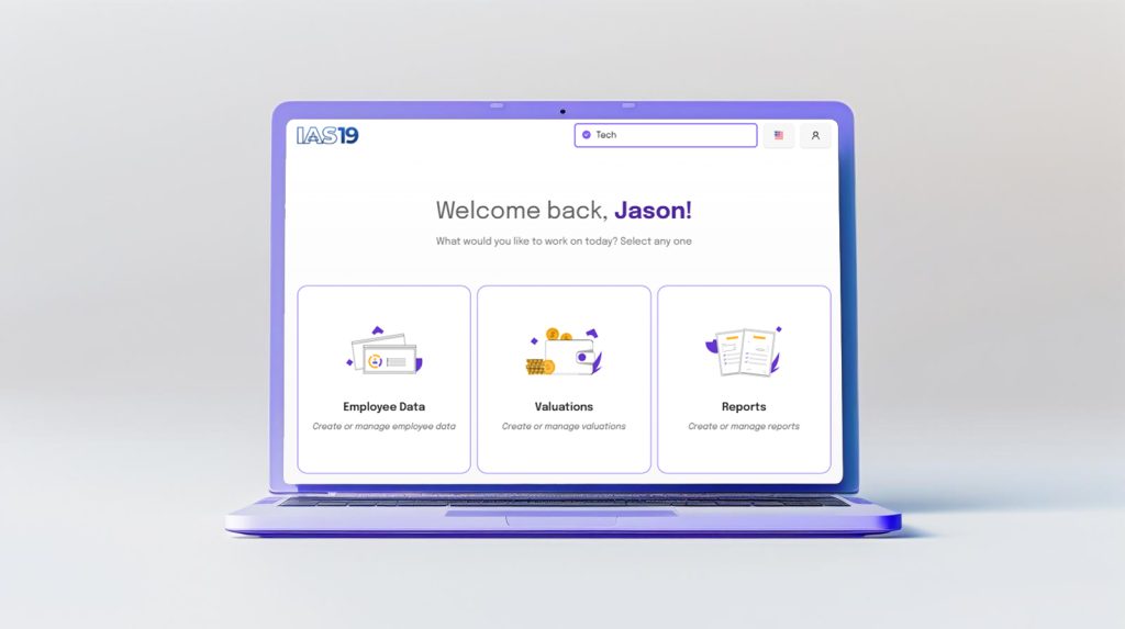 Welcome screen of the IAS 19 valuation system, showing main modules: Employee Data, Valuations, and Reports.