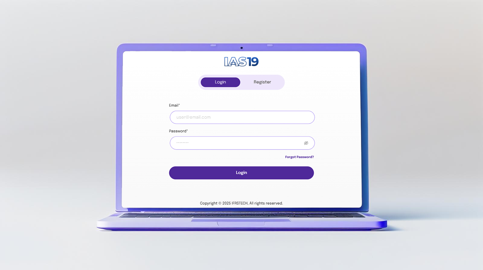 IAS 19 software login screen with fields for Email and Password, and buttons for Login and Register.