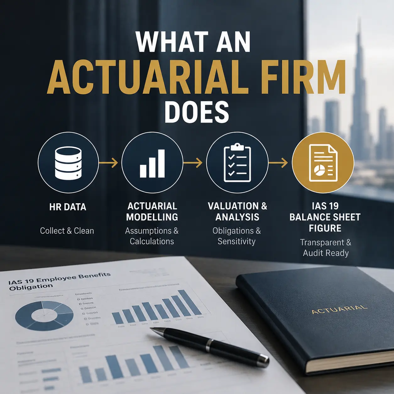 Infographic showing how HR data is transformed into an IAS 19 balance sheet figure by an employee benefits actuarial firm in UAE, including actuarial modelling and valuation analysis.